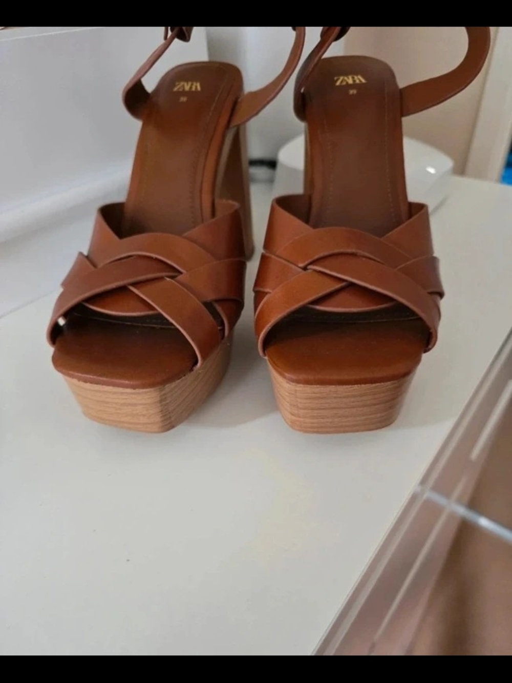 Zara Brown Leather Platform Sandals - Women